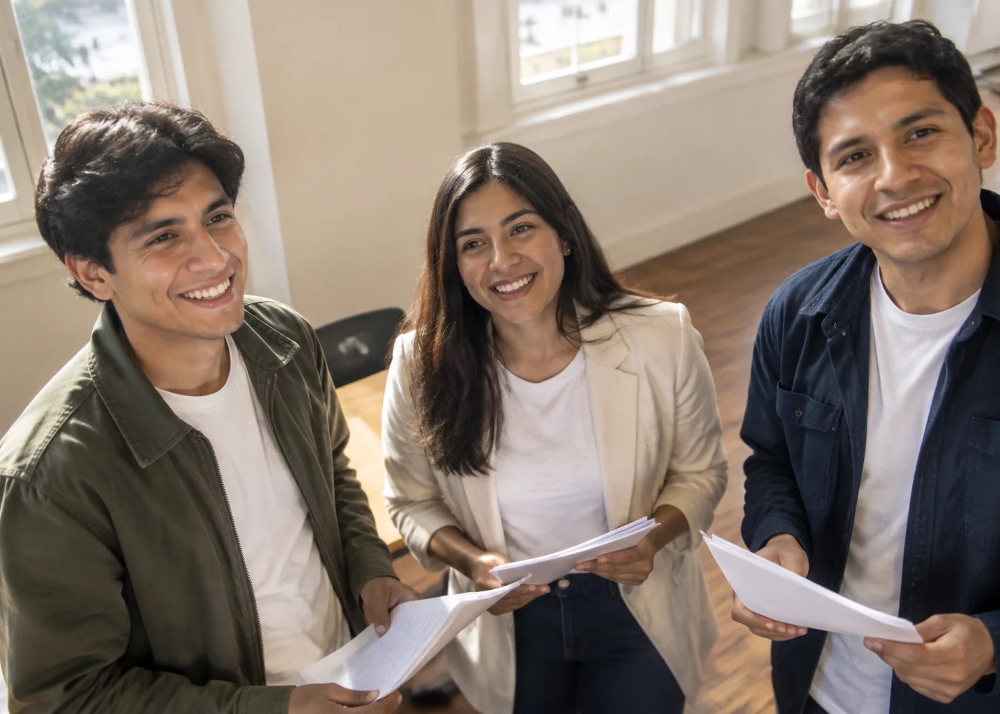 Tres adultos con sus apuntes, al cerrar la sesión