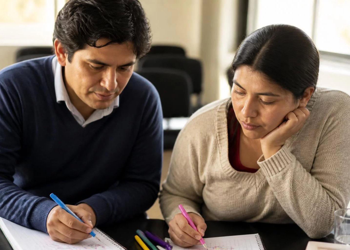 Dos personas organizando sus apuntes con plumones de colores