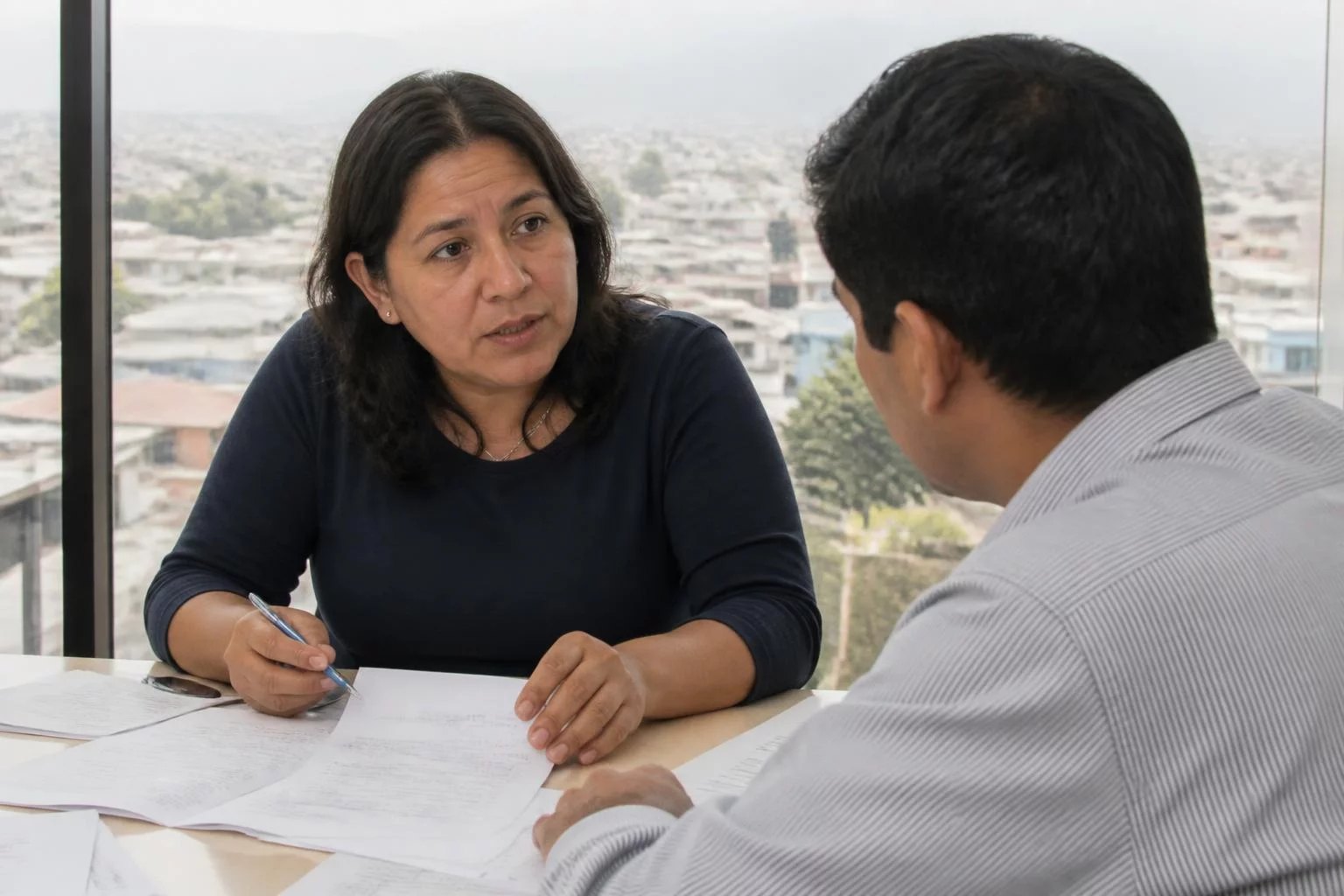 Dos personas revisando apuntes impresos sobre la mesa