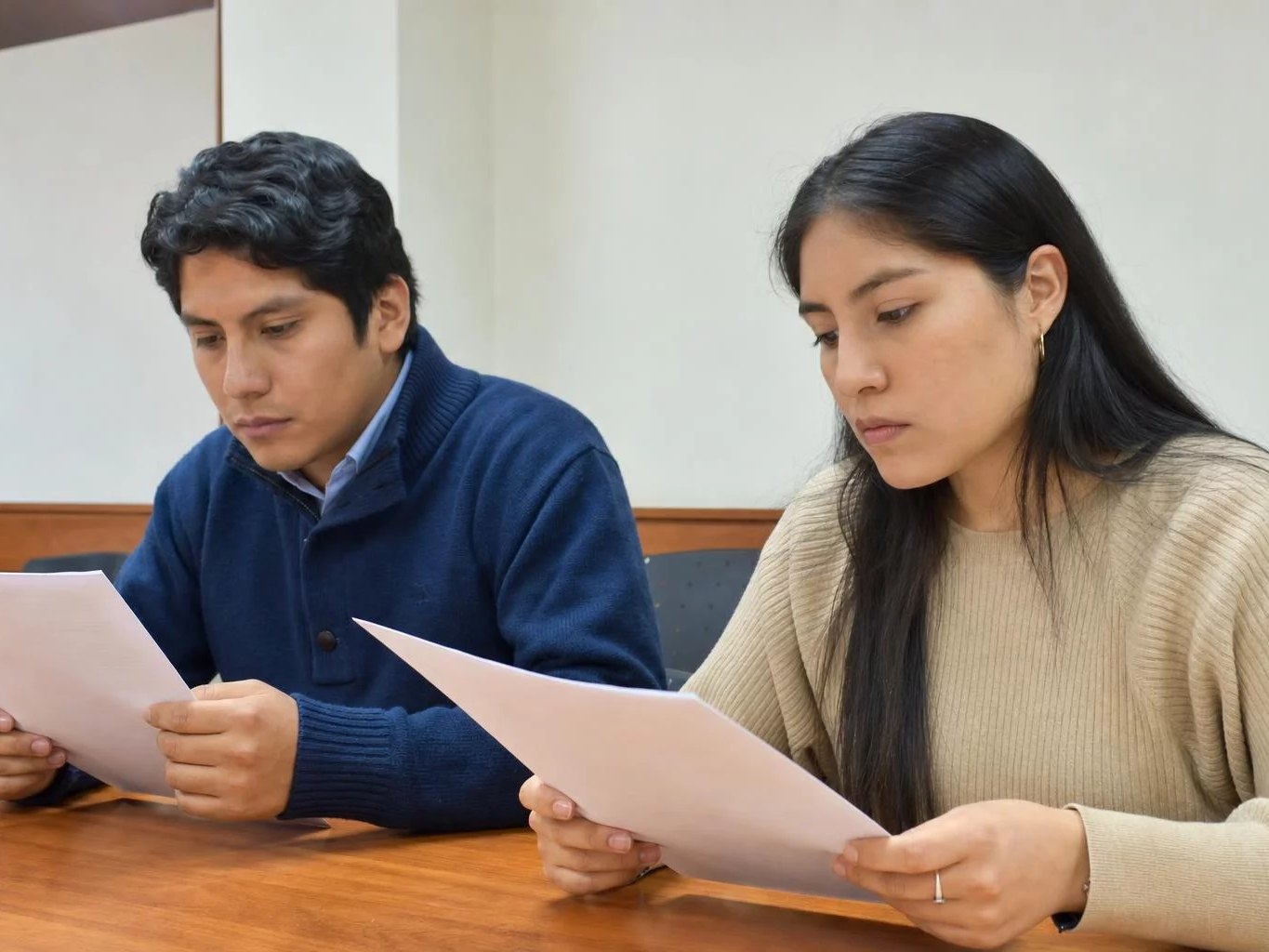 Dos personas repasando páginas impresas de argumentos