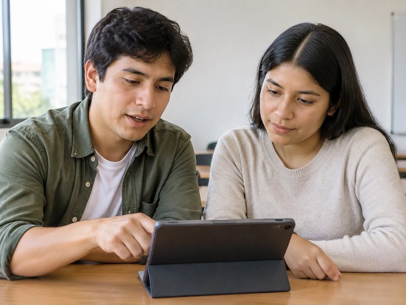 Dos colegas consultando sus notas en una tablet